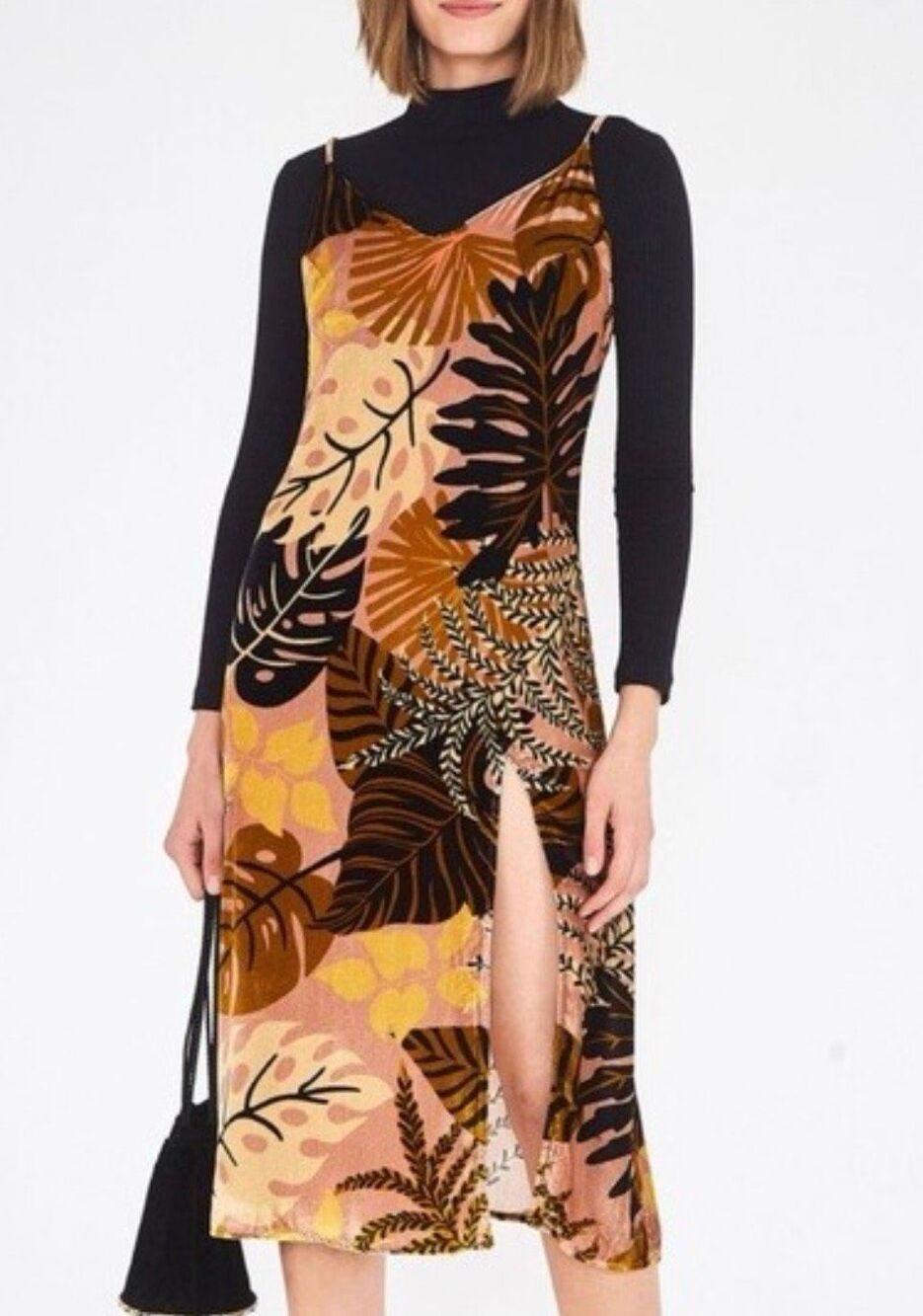 Farm Rio Golden Leaves Velvet Midi Dress | Orange in Large